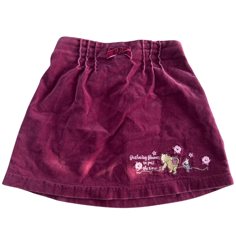 90s‎ Disney Classic Pooh Skirt Kids Maroon Corduroy Velvet Embroidered 18M